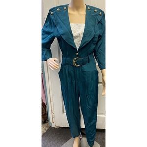 Betsy’s Things 80s Teal Jumpsuit Button Closure Belted Shoulder Pads Size 12